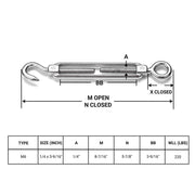 DIY 1/4" x 4" Wire Rope Turnbuckles Hook & Eye 304Stainless