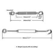 DIY M10 6" Cable Turnbuckles Hook & Eye 304Stainless for 3/16" Rope