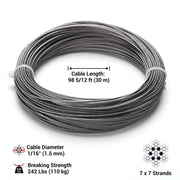 DIY 7x7 Wire Rope T304 Stainless Steel Cable 1/16"x100' (1.5mm)