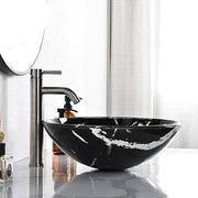 Round Black Vessel Sink Tempered Glass Marble Pattern