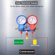 2 Valve R410a Refrigerant Manifold Gauge w/ 3 Hoses Front